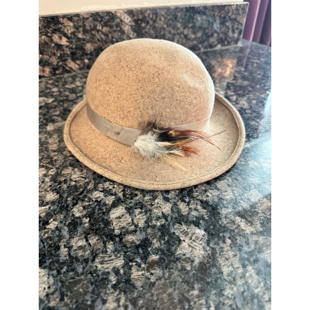 Vintage Tan Felt Bowler Hat with Feather Accent Grosgrain Ribbon Trim Brown